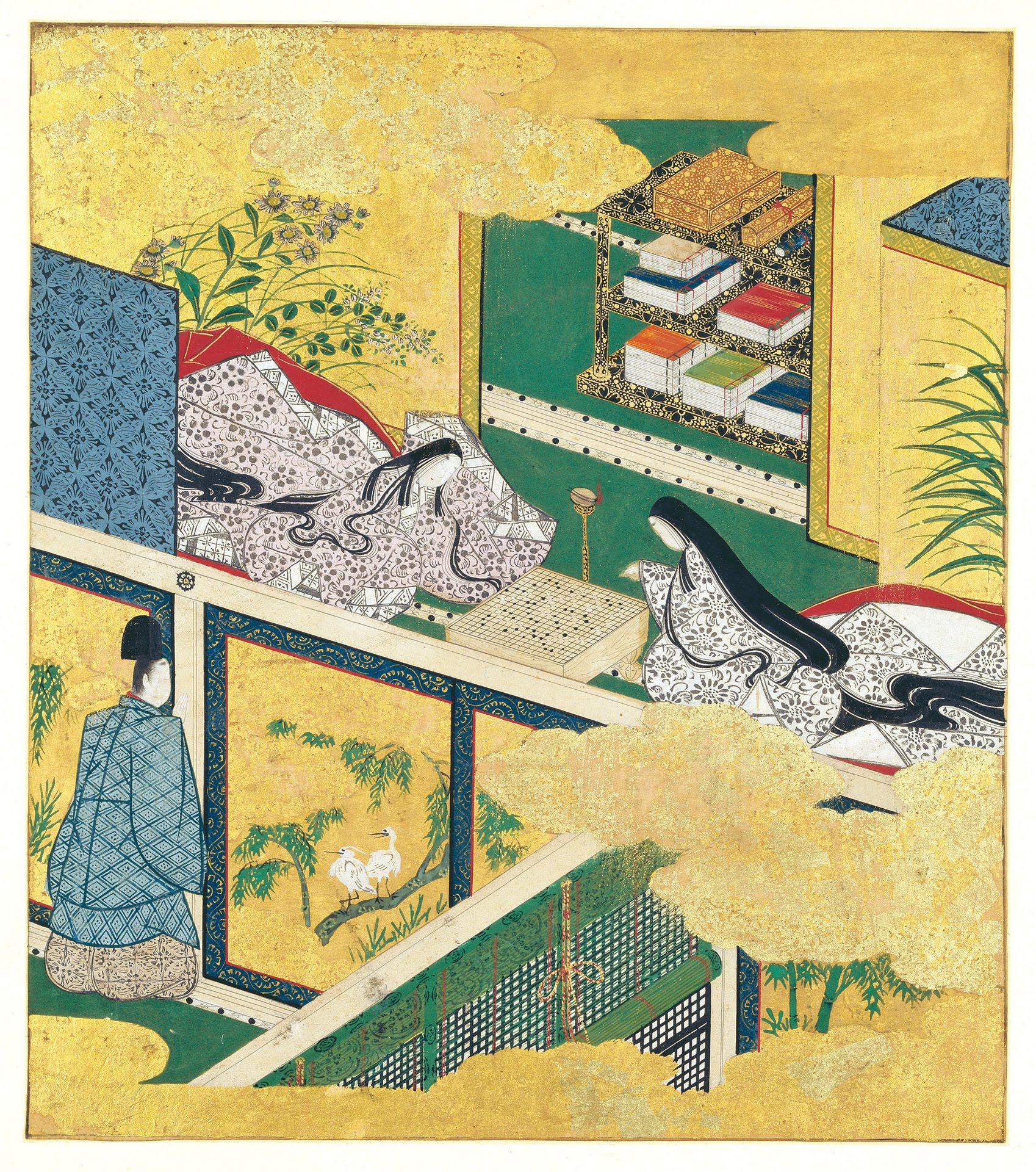An illustration of the Tale of Genji, depicting several women in Heian-style robes inside a palace. They are playing go, with a bookshelf full of Japanese books and scrolls in the background.