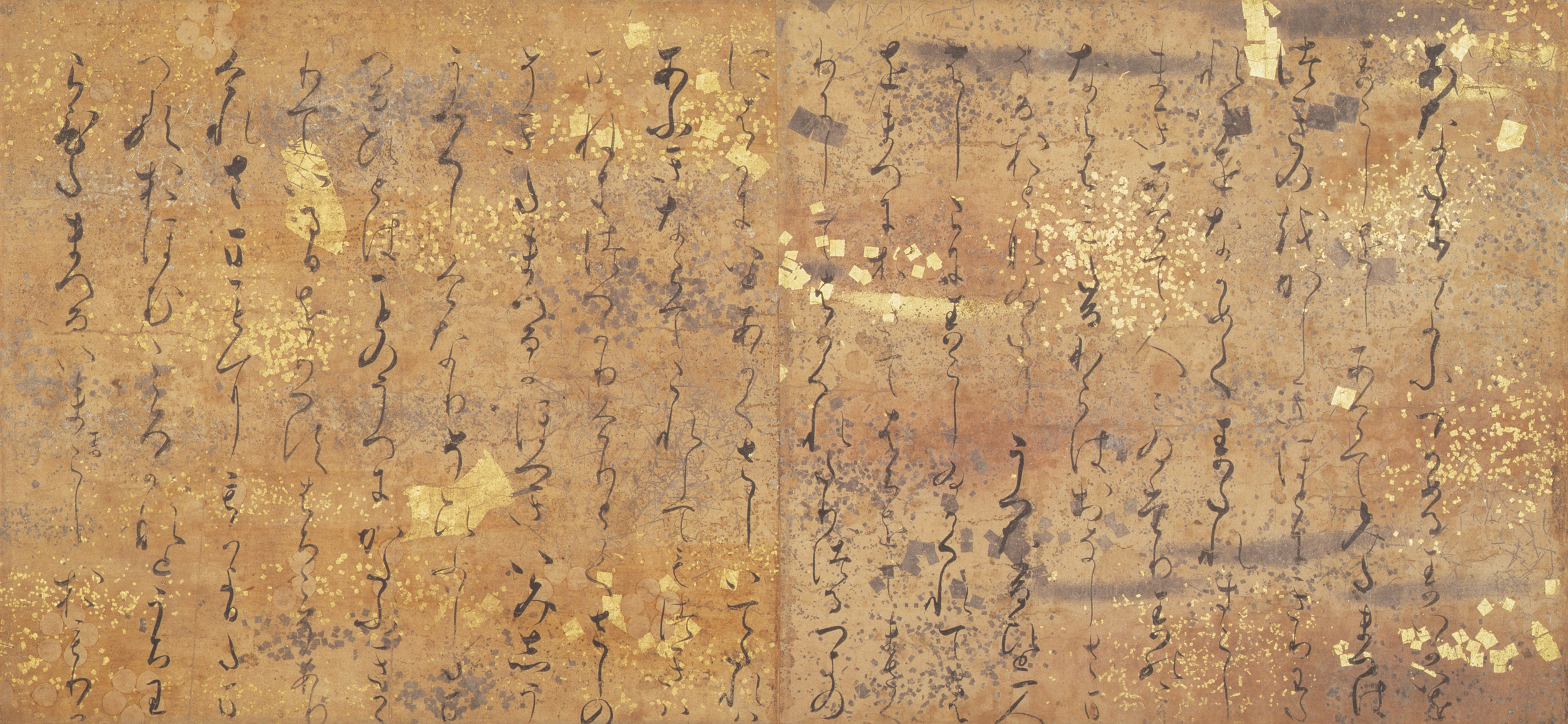 An early illustrated scroll of the Tale of Genji, depicting several women in Heian-style robes inside a palace. One is reading a book, one is combing another's hair, and some are sitting behind a curtain.