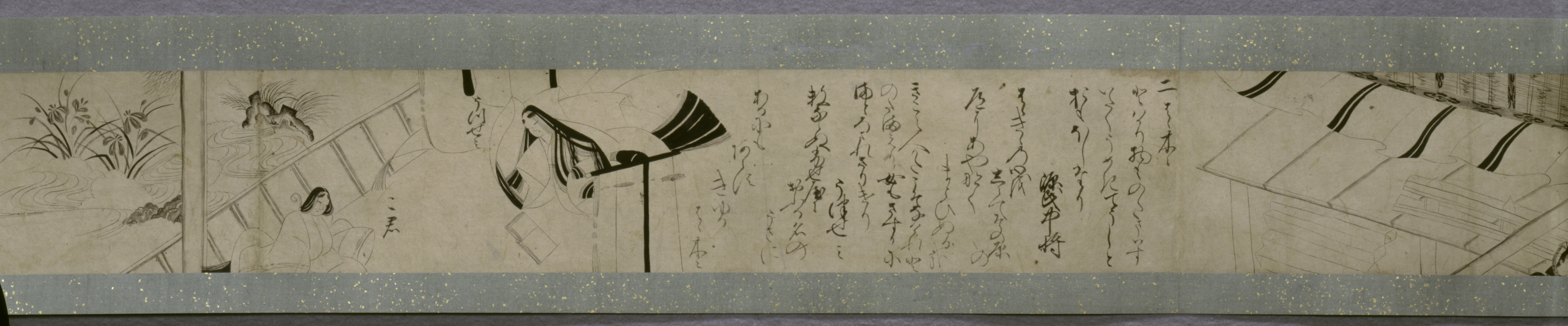 A section of a black and white Genji Monogatari picture scroll