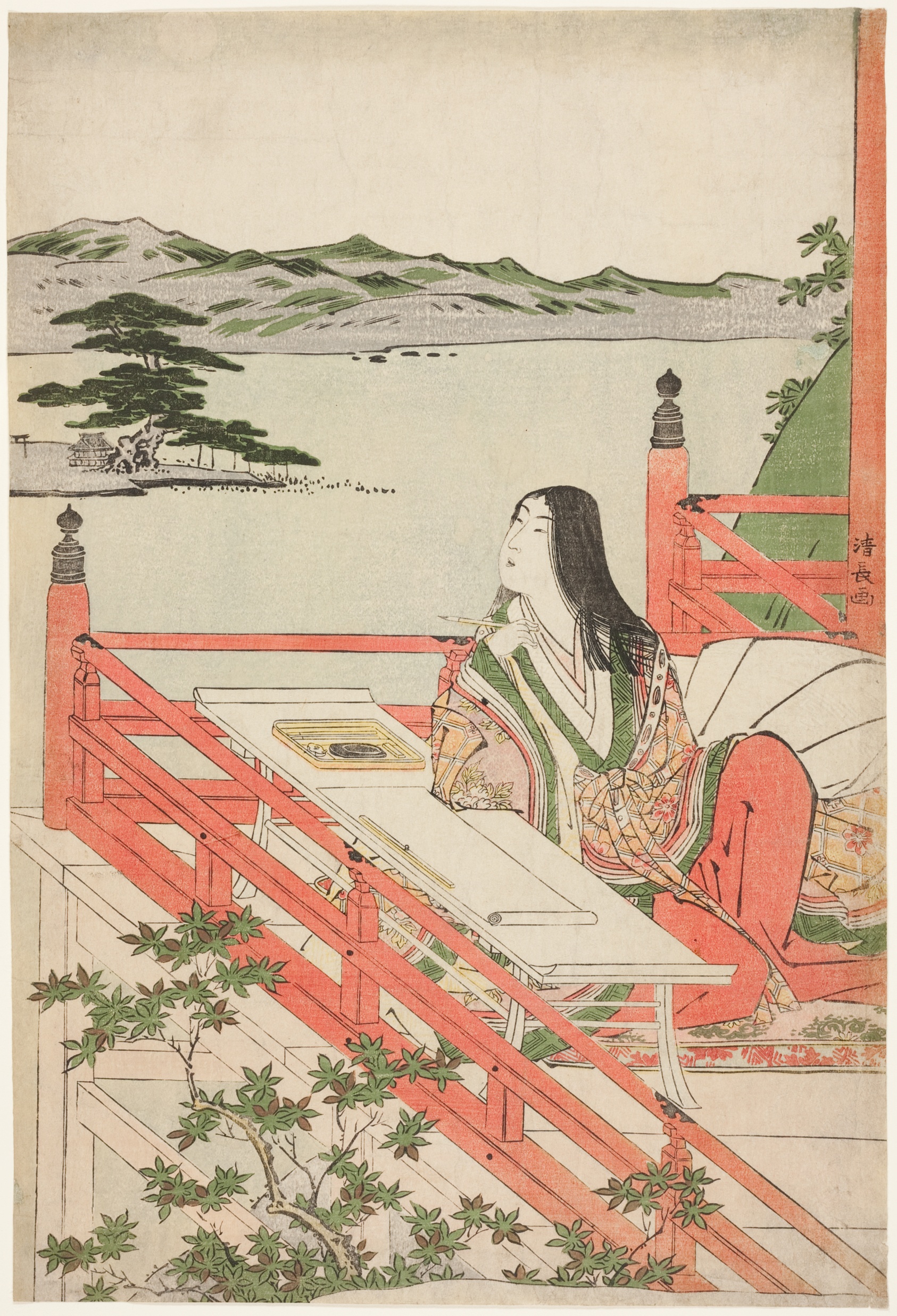 A color woodcut depicting the author Murasaki Shikibu, seated at a writing desk on the engawa (veranda) of Ishiyamadera Temple on Lake Biwa. She is holding a brush and gazing at the moon, which is faintly visible in the sky above.